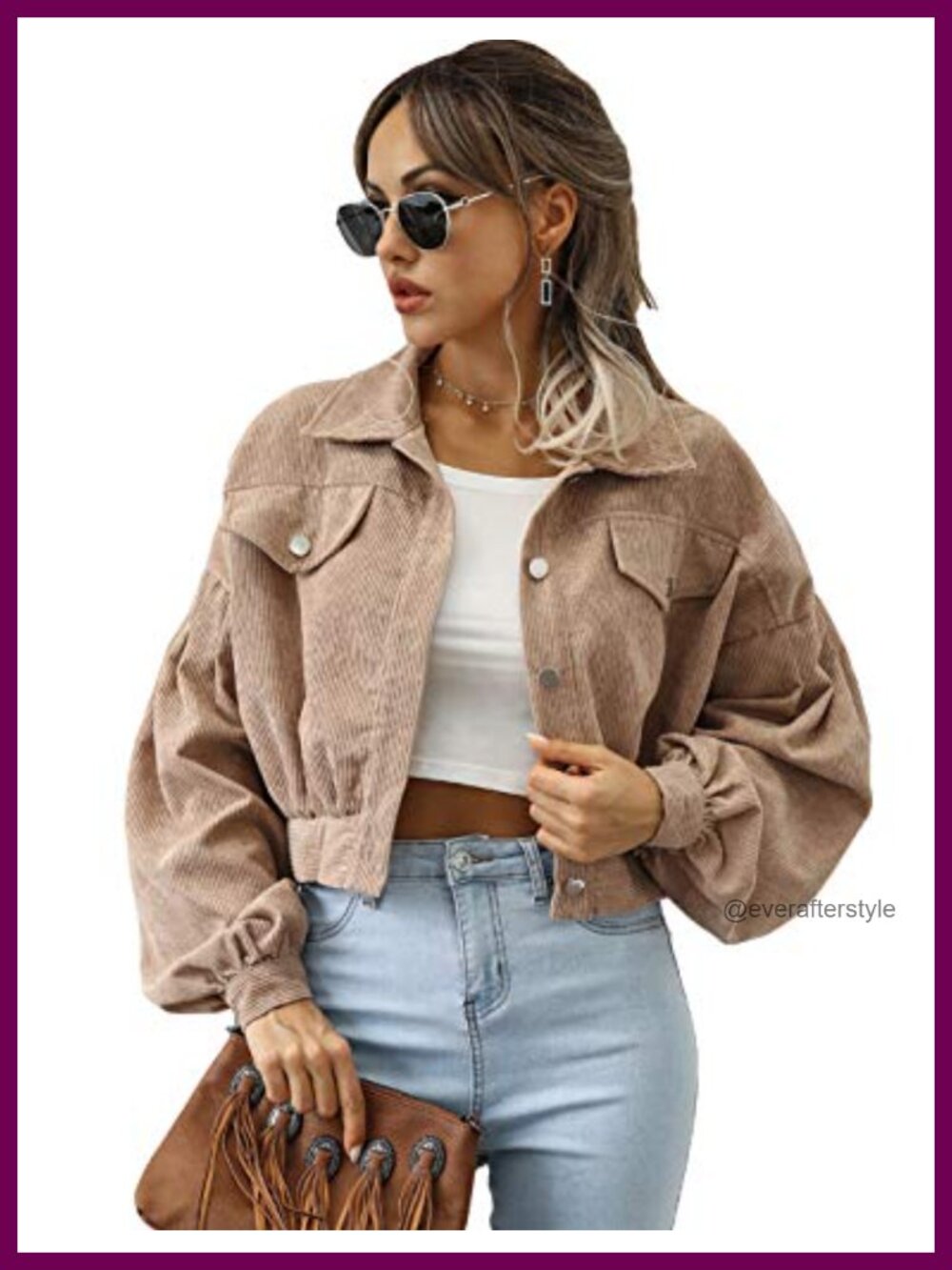 Womens Cropped Corduroy Shacket Button Down Puff Sleeve Loose Jacket Coat